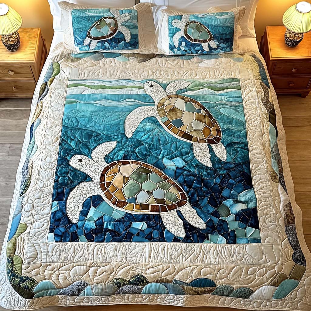 Parure de lit matelassée 3 pièces - Tortues Marines